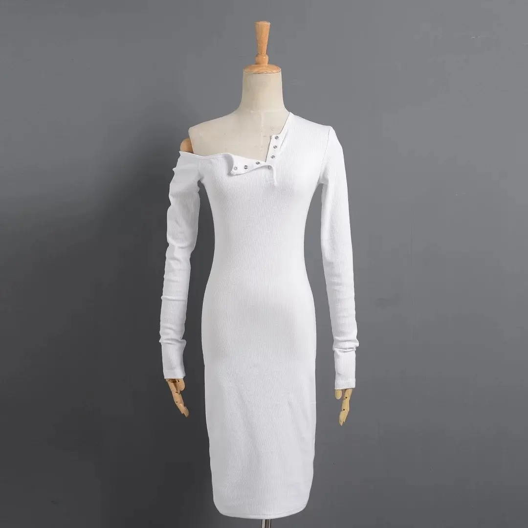 Летнее платье Для женщин Cold-Shoulder Bodycon черный белый цвет сексуальные кнопки с