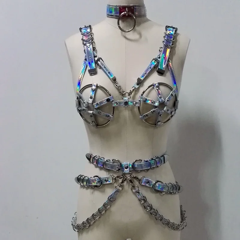 100% Готический голографический бюстгальтер ручной работы в стиле панк из