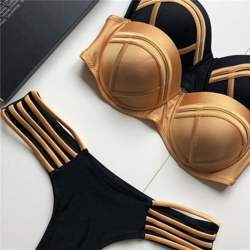 Женский купальный костюм biquinis feminino сексуальный на косточках с эффектом пуш ап и
