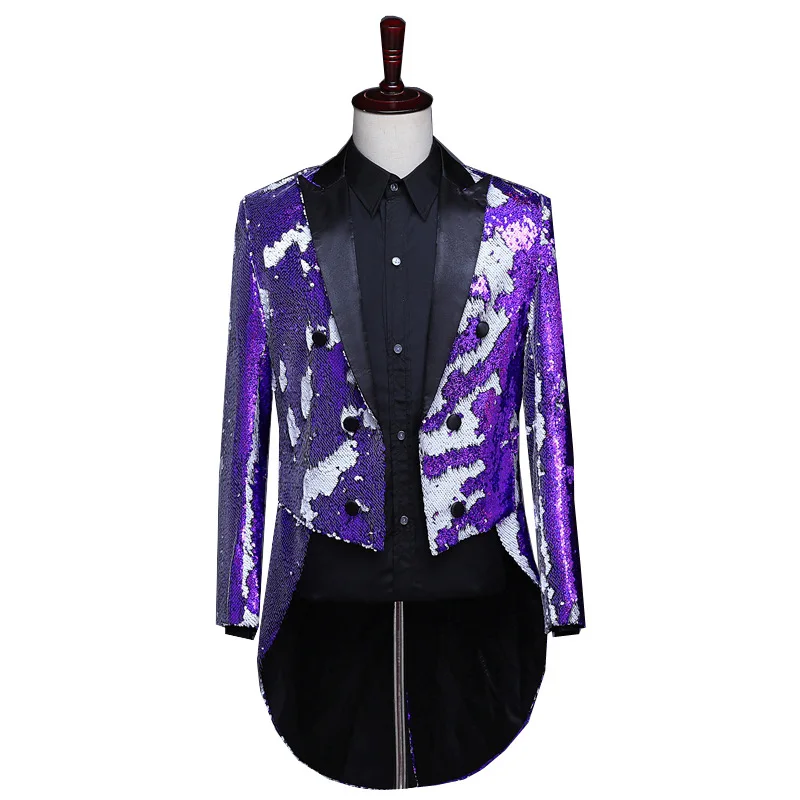 

Mens Purple Sequin Blazer Jacket Wedding Groom Prom Glitter Tailcoat Suit Blazer Men DJ Nightclub Stage Host Singer Blazer Homme