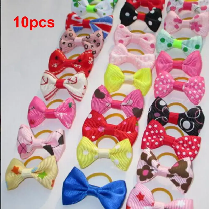 10PCS Bowknot Cute Dog Rubber Band Handmade Pet Grooming Accessories Mixed Ribbon Hair Bow Color random | Дом и сад