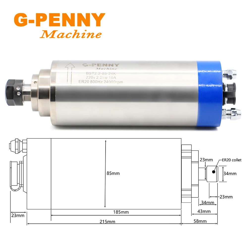 G-penny CNC spindle motor 2.2kw ER20 Metal Spindle water cooled 800Hz Pole=4 Used for metal,iron,stainless steel water cooling