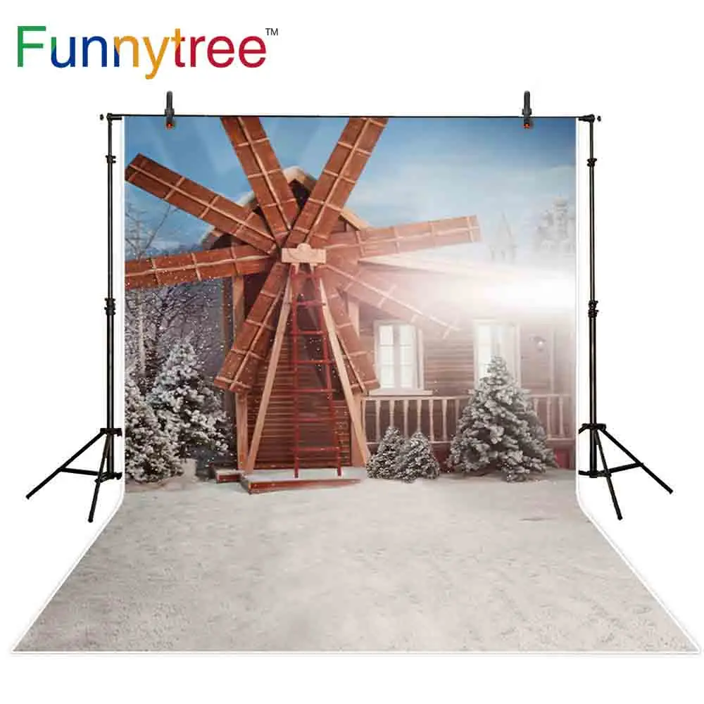 

Funnytree photographic christmas background windmill landscapre rural snow celebration winter cold pine photography backdrop