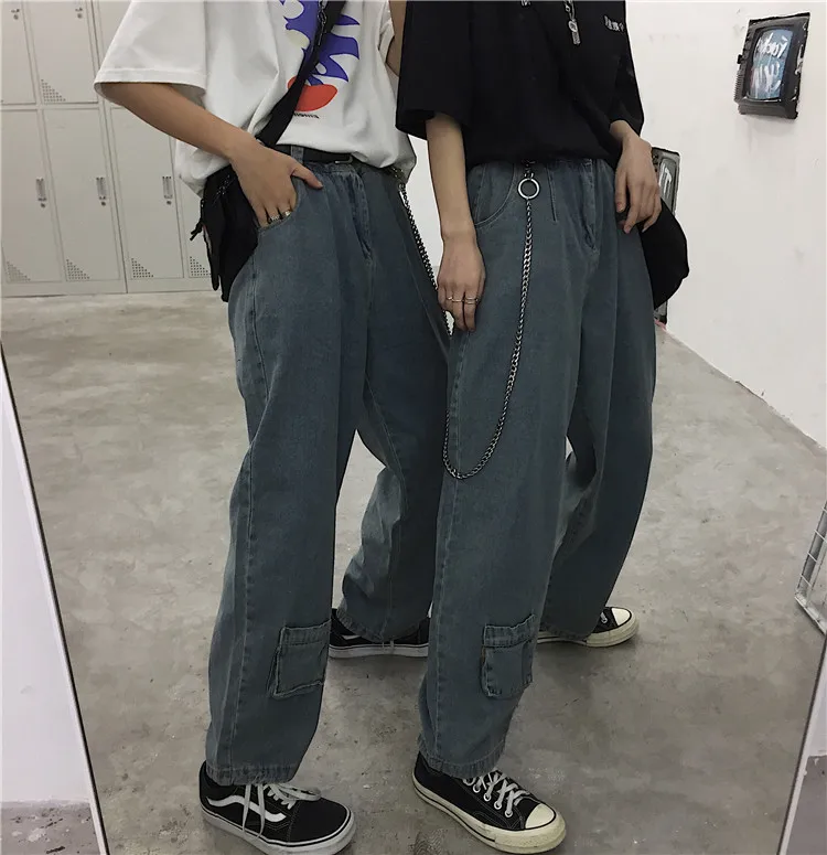 Осенние новые корейские зимние ulzzang модные ретро маленькие карманные повседневные широкие джинсы ins Harajuku с высокой талией в стиле хип-хоп для женщин