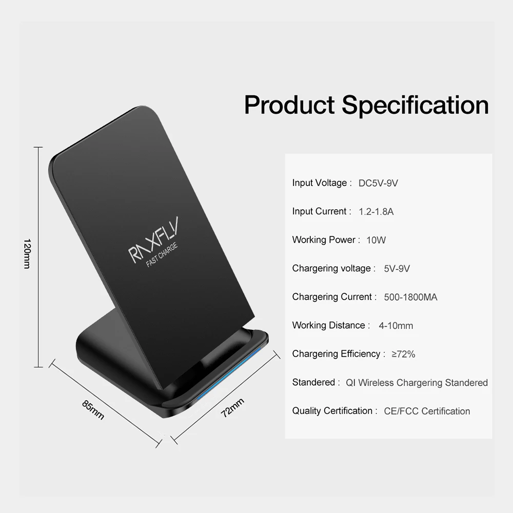 

RAXFLY QI Wireless Charger 10W Fast Charger For Samsung S10 S9 S8 5V/1.8A Wireless Charging Quick Charger For iPhone X XR XS Max