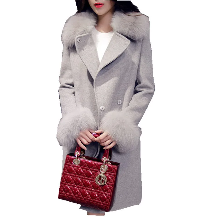 

2019 autumn and winter new European and American women's Slim long plus cotton warm imitation fur collar waist woolen coat DF880