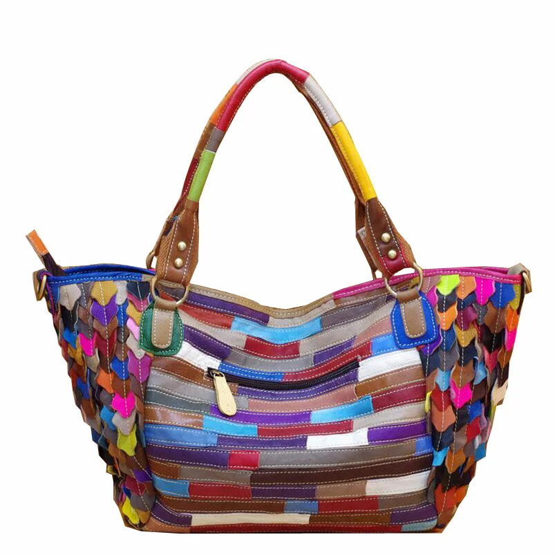 Сумка-тоут женская из натуральной кожи черная цветная большая сумка-мессенджер