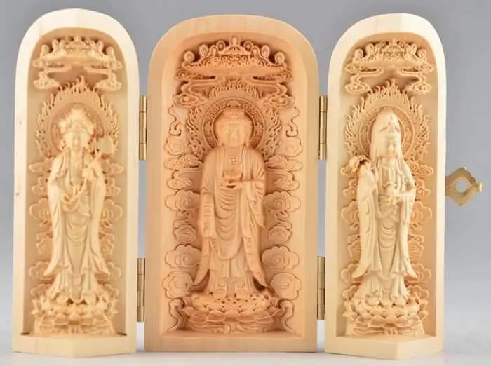 

Superb Boxwood Buddha Kwan-yin Statue Hand High Difficult Sculpture Amulet Box