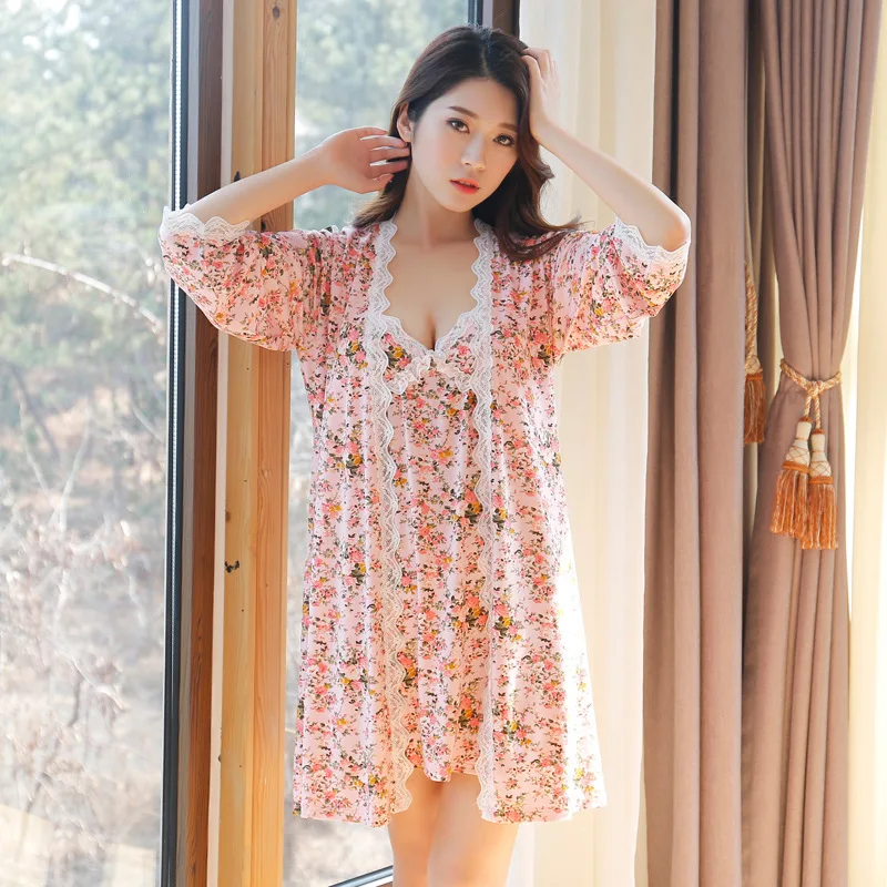 Sexy women's Two Pieces Nightwear Robe Set Free Shipping 2022 Cotton Flower Cute & Princess Mini Sleepwear Wholesale Price Hot