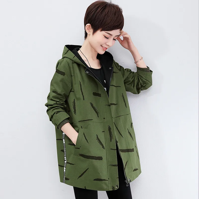 armygreen Новинка, большие размеры 4XL, Женская ветровка, куртки, весна-осень, пальто, повседневная куртка с капюшоном и принтом, верхняя одежда для среднего возраста, A578 - Цвет: armygreen