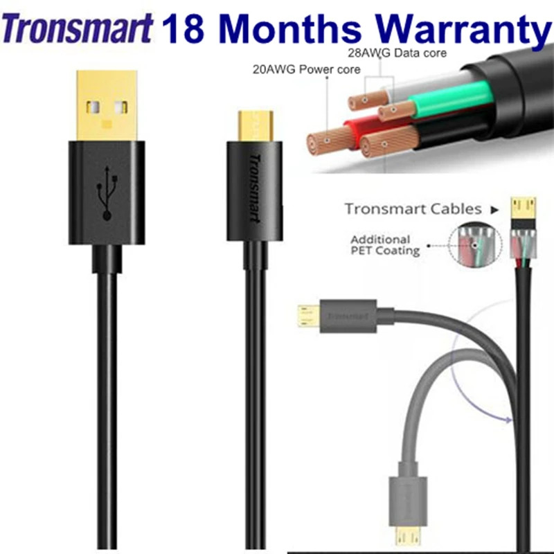 Кабель Micro usb Tronsmart кабель для передачи данных 1 8 м 0 3 белый черный 28AWG 20AWG Oppo Vivo Xiaomi
