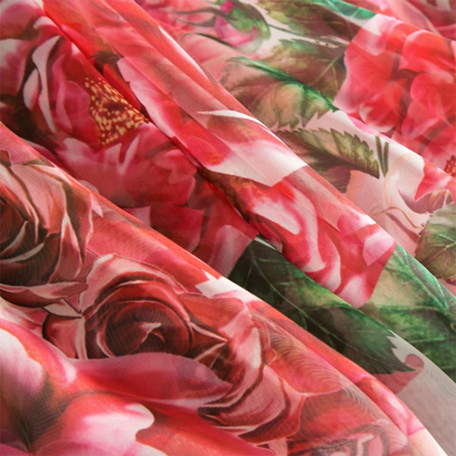 

Flowers Print Chiffon Dress Women 2018 Spring High End Long Puff Sleeve Plus Size 5XL Empire Big Hem Roses Print New Maxi Dress