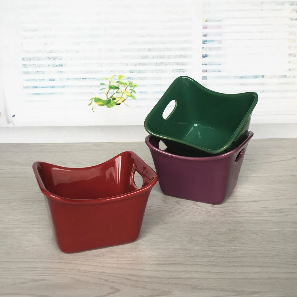 Stoneware 3-Piece Square Ramekin Set 3 colors Assorted Red Purple and Green ceramic loaf pan |
