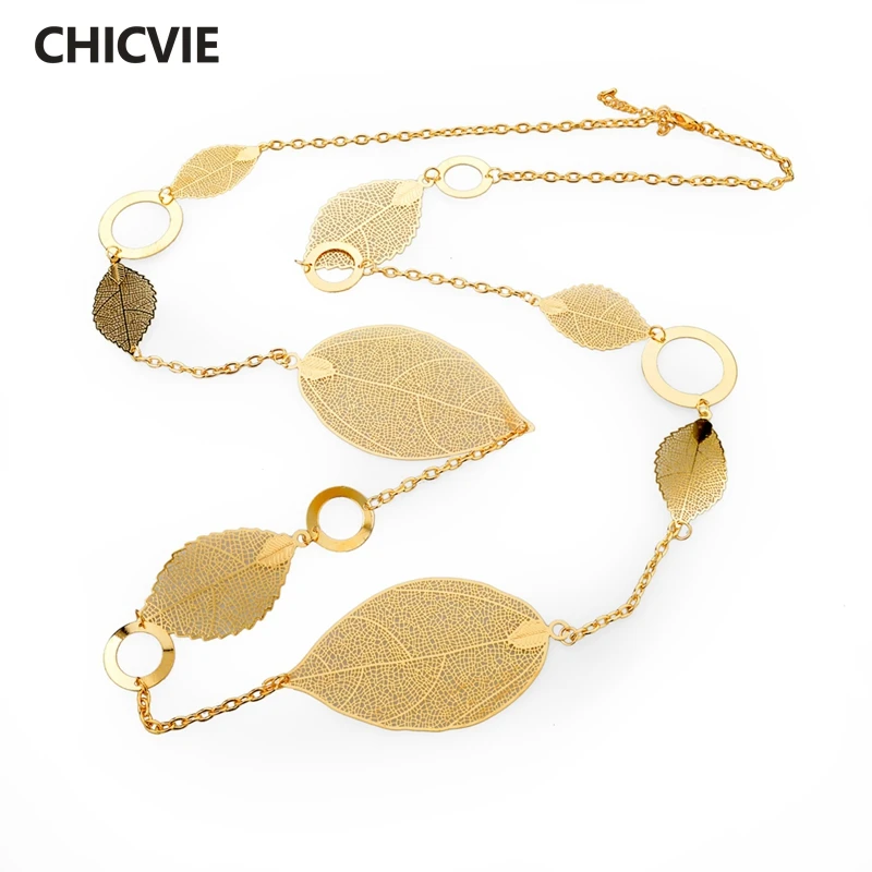 

CHICVIE Gold Color Statement Leaf Pendant Necklace For Women Maxi Vintage Long Chain Personalized DIY Necklace Jewelry SNE150846