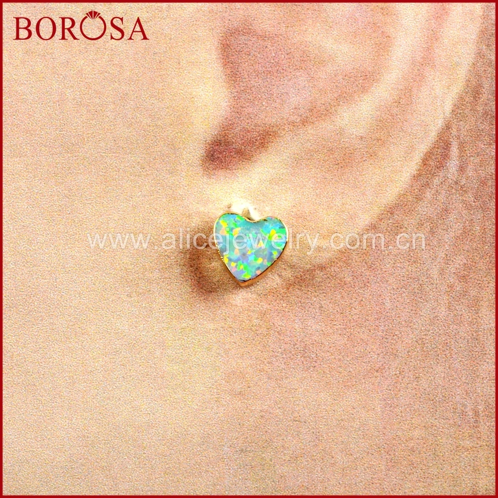Женские серьги гвоздики BOROSA 5 пар золотые белые опаловые с сердцем искусственные
