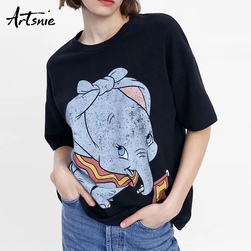 

Artsnie dumbo print streetwear women t shirt o neck short sleeve summer 2019 black tops tee casual girls knitted t-shirts mujer