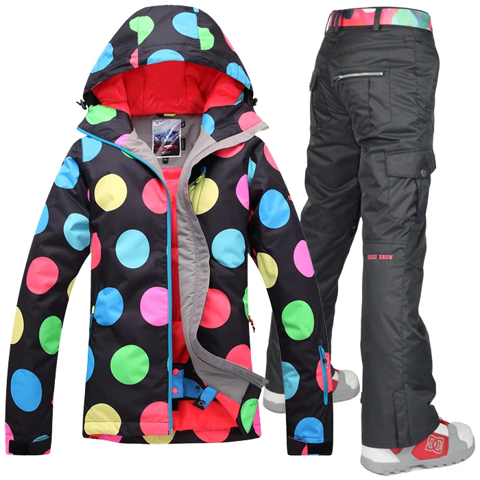 Womens Black Ski Suit Clearance Riding Climbing Snowboarding Clothes Female Polka Dots Snow Jacket And Black Ski Pants Set