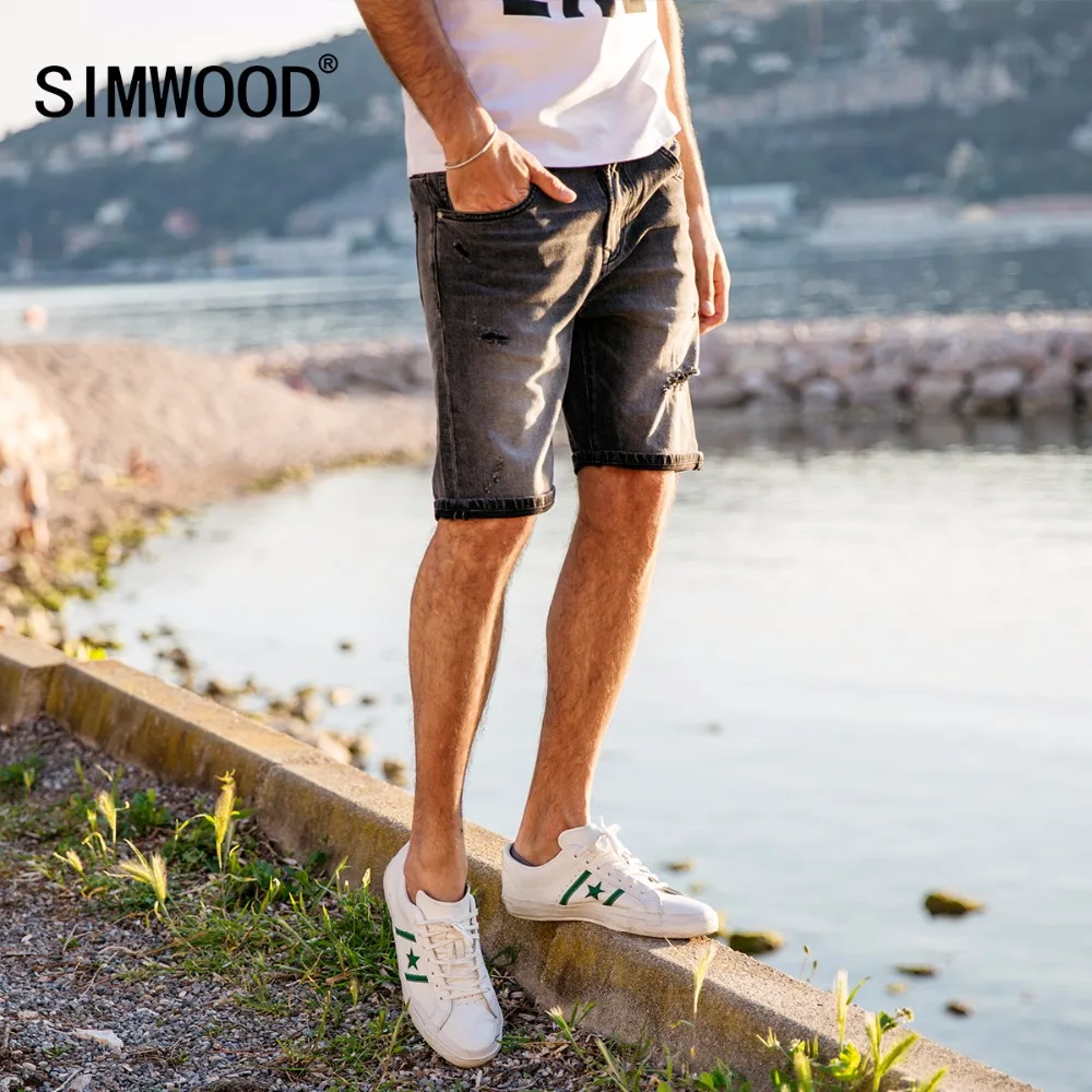 SIMWOOD Лето 2019 г. джинсовые шорты для мужчин рваные фермент мыть джинсы женщин Slim Fit