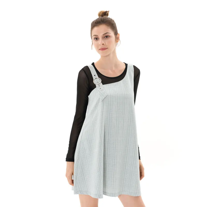

2018 Autumn Overall Dresses Women Vintage Sleeveless Lattice Vest Dress Female Winter Loose A-line Plaid Dresses with Belt