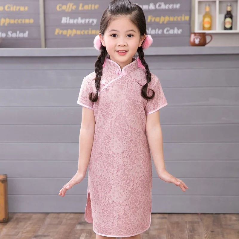

2021 Summer Girls Cheongsam Retro Lace Children Qipao Chinese Chipao Mandarin Gown for Girl High-Necked Short Sleeve Dress Kids