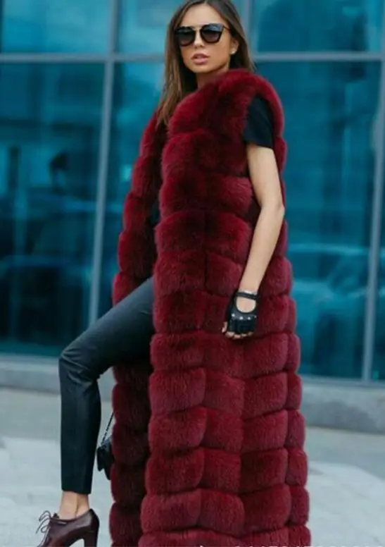 wine red Новая коллекция, зимний жилет из натурального Лисьего меха, пальто для женщин, роскошный Теплый меховой жилет, 120 см, X-Long, модный жилет из натурального Лисьего меха, куртка - Цвет: wine red