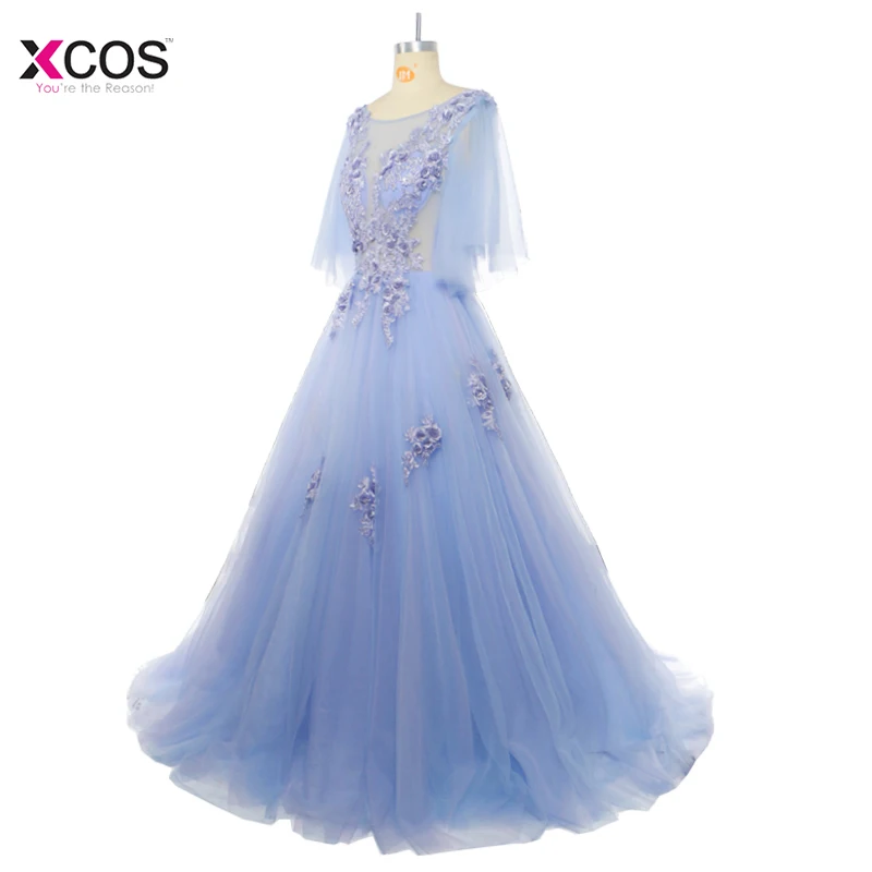Charming Blue Long Tulle Prom Dresses Flowers A Line Scoop Neck Formal Evening Party Robe de Soiree Custom Made Dress 2018 | Свадьбы и