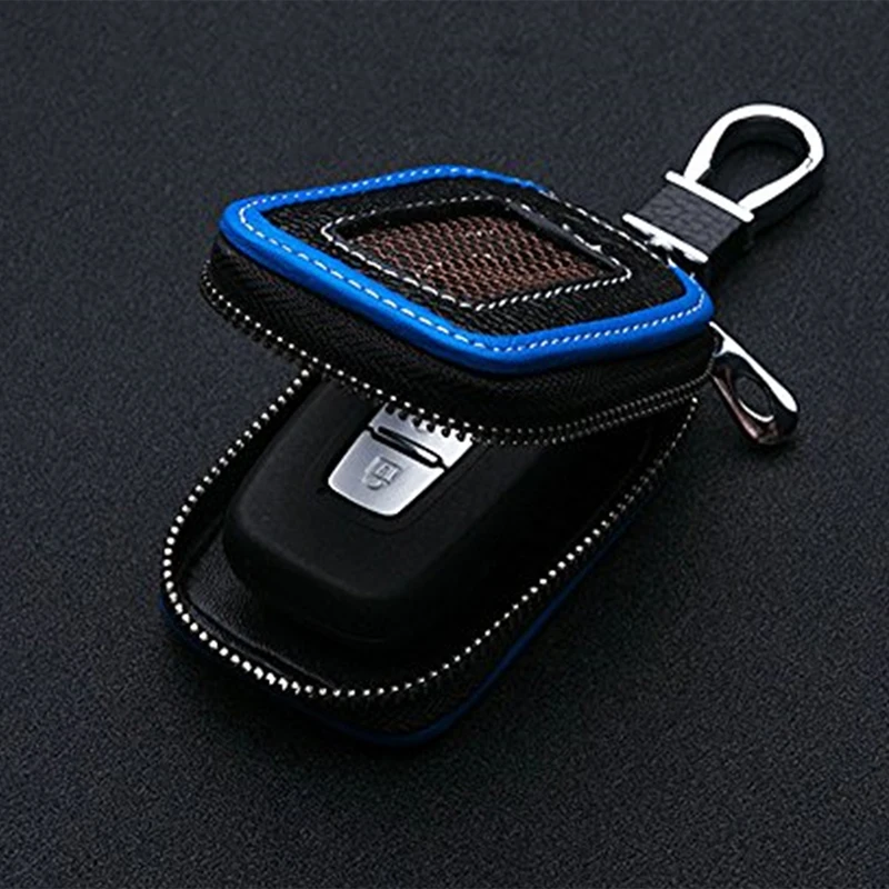 Black+Blue Leather Car Key Holder Keychain Fob Case Cover Wallet Bag Zipper | Автомобили и мотоциклы