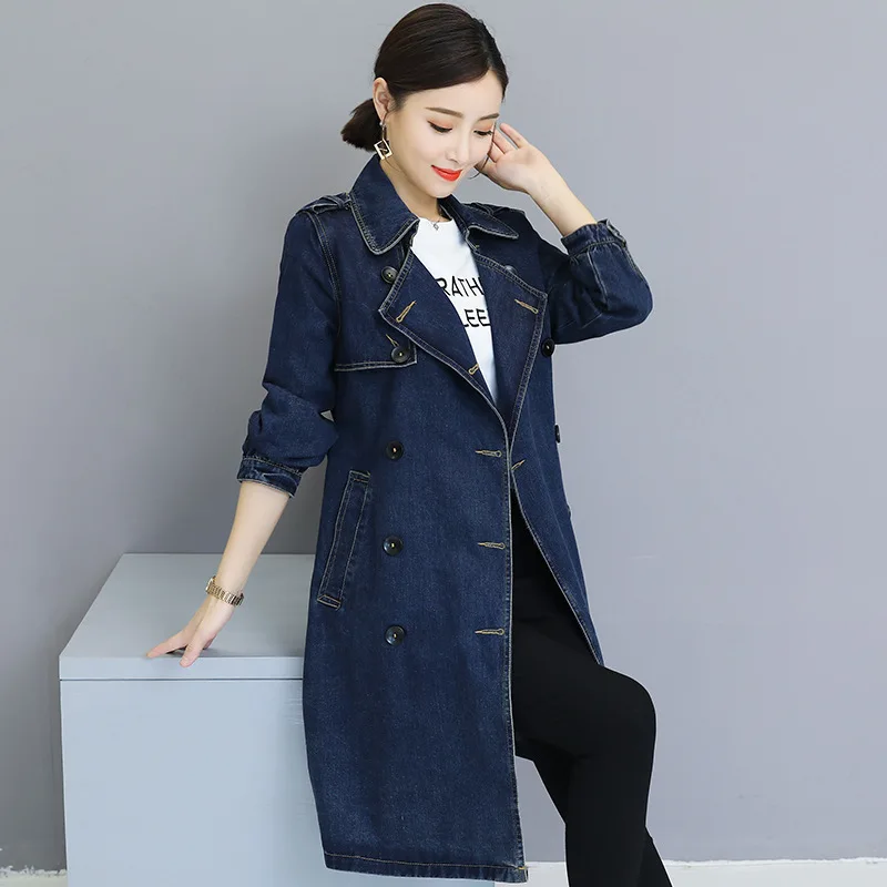 blue 3334 длинная джинсовая куртка женская с поясом Цветочная вышивка двубортные винтажные джинсы, куртка женская джинсовая куртка элегантная весенняя - Цвет: blue