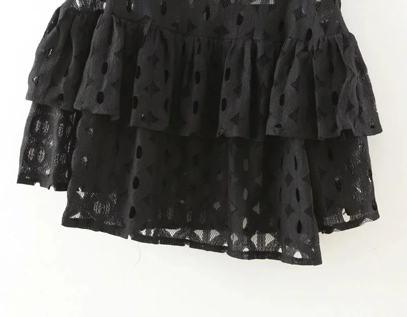 Новый стиль осень Женщины Элегантный Белый и черный Кружева Полые вне Короткая