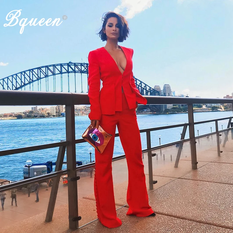 Bqueen 2019 New Women Red Two Piece Sets Office Lady V-Neck Sexy Set Long Sleeve Full Length Pants Fashion | Женская одежда