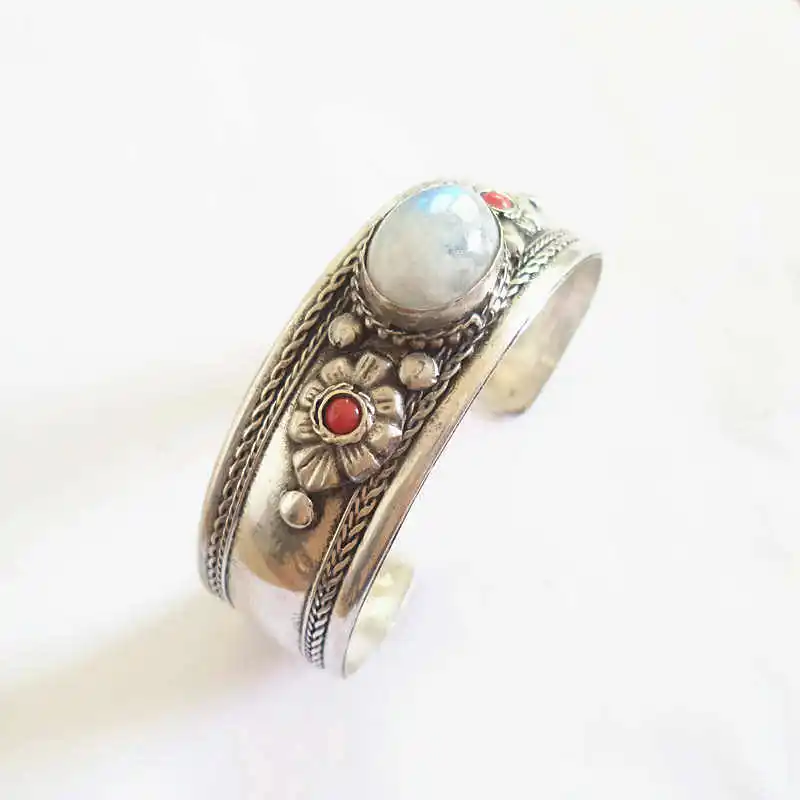 inlay Moonstone BB-443, тибетские модные браслеты, Медная Инкрустация, натуральный камень, открытые манжеты, лунный камень, лабрадорит, Агаты, тигровый глаз, разные цвета - Окраска металла: inlay Moonstone