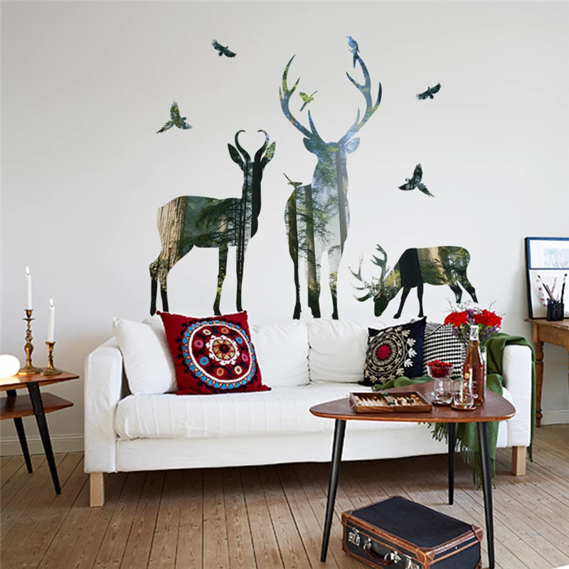 3d view nature forest deer wall decals home decor living room bedroom pvc stickers diy poster mural art decoration | Дом и сад