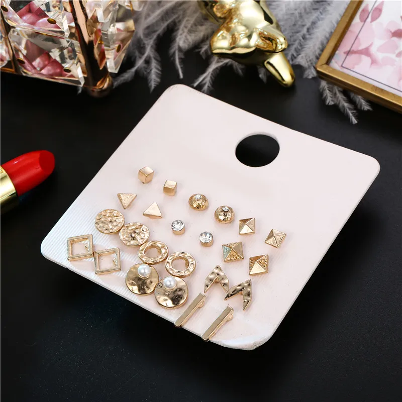 

Fashion 12pair/set Women Square Round Triangle Bar Crystal Stud Earrings Sets for Women Simulated Pearl Mixed Stud Earring Set