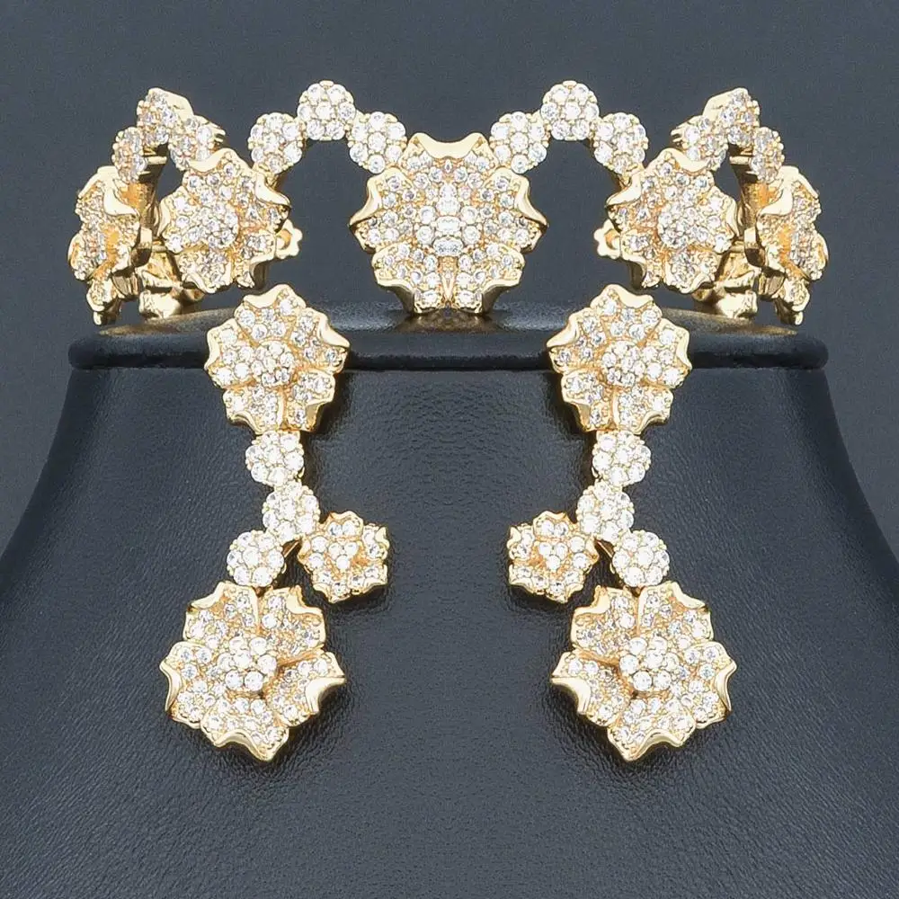 ModemAngel изящный Цветок фианит золотой цвет ожерелье браслет серьги кольцо для