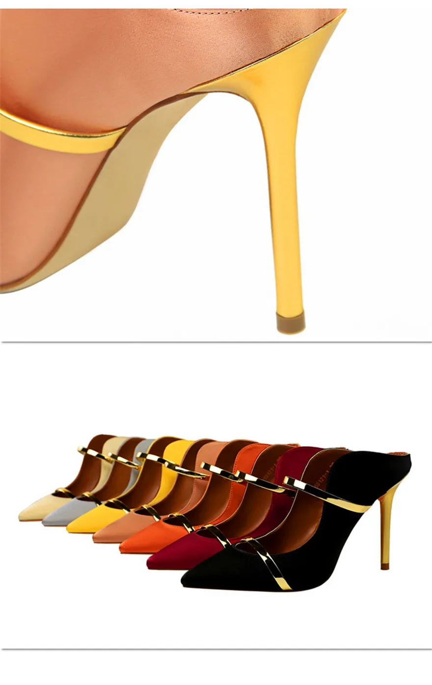7 Colors Solid Silk Women Slippers Pointed Toe Outdoor Sandals High Heels Woman Sexy Party Show Thin Ladies Shallow Summer Shoes