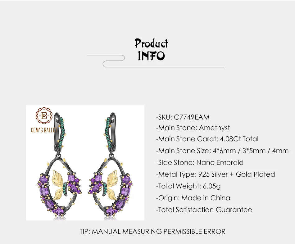 GEM'S BALLET 4.08Ct натуральный аметист серьги 925 пробы серебро ручной работы ветка бабочка висячие серьги для женщин Bijoux
