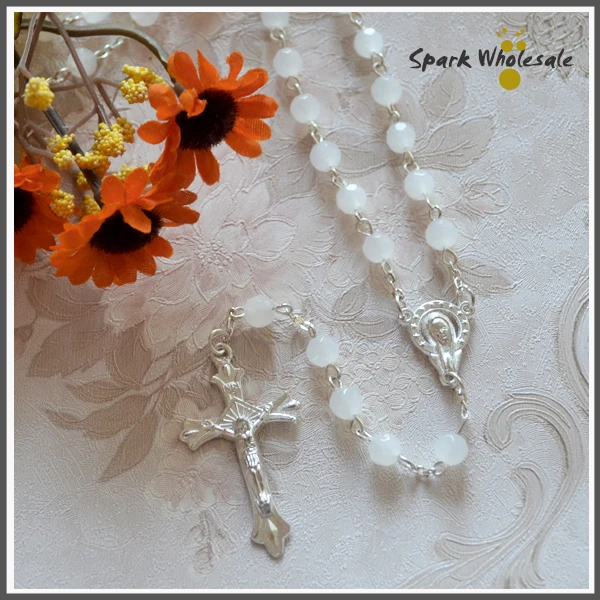 Высокое качество католические 6 мм белые хрустальные четки ожерелье Крест Иисуса
