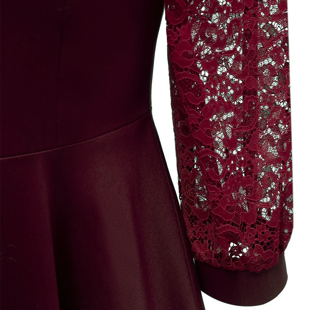 

Dower Me Vintage Patchwork Cotton Women Dress Lace Sleeve Fit and Flare Swing Party Vestidos Retro 50s Burgundy Summer Dress