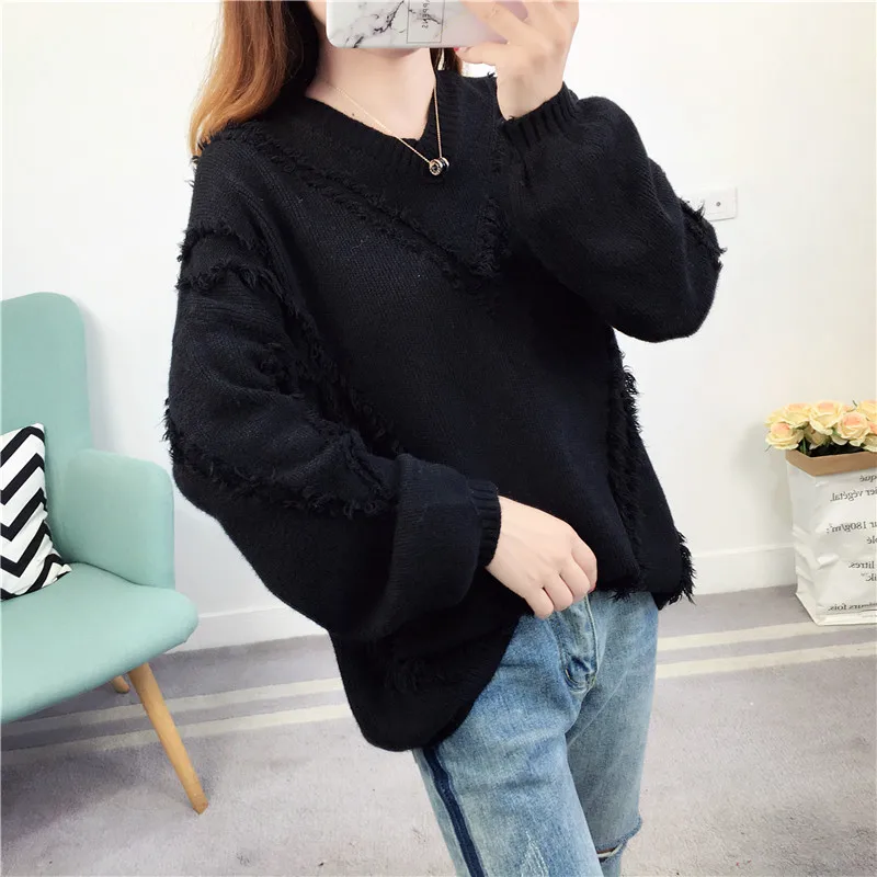 MY016 Sweater women new winter 2018 Sweet korean Loose Patchwork sweater female Solid pullover v-neck long sleeve sexy | Женская одежда
