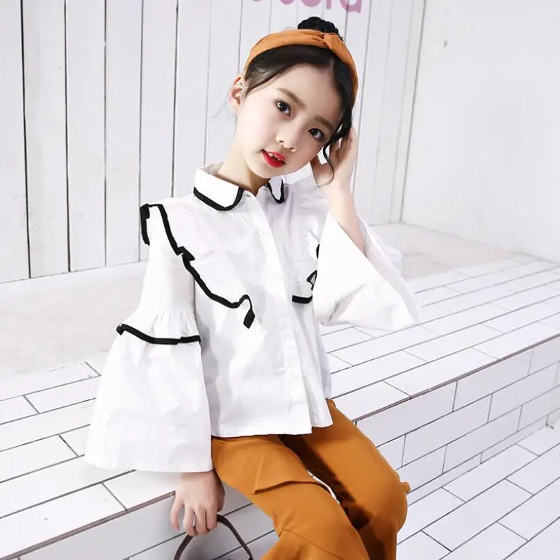 12 white blouse Г. Осенняя шифоновая кружевная блузка в горошек для маленьких девочек-подростков черно-белая одежда детская рубашка с длинными рукавами для девочек топы для детей JW4252 - Цвет: 12 white blouse