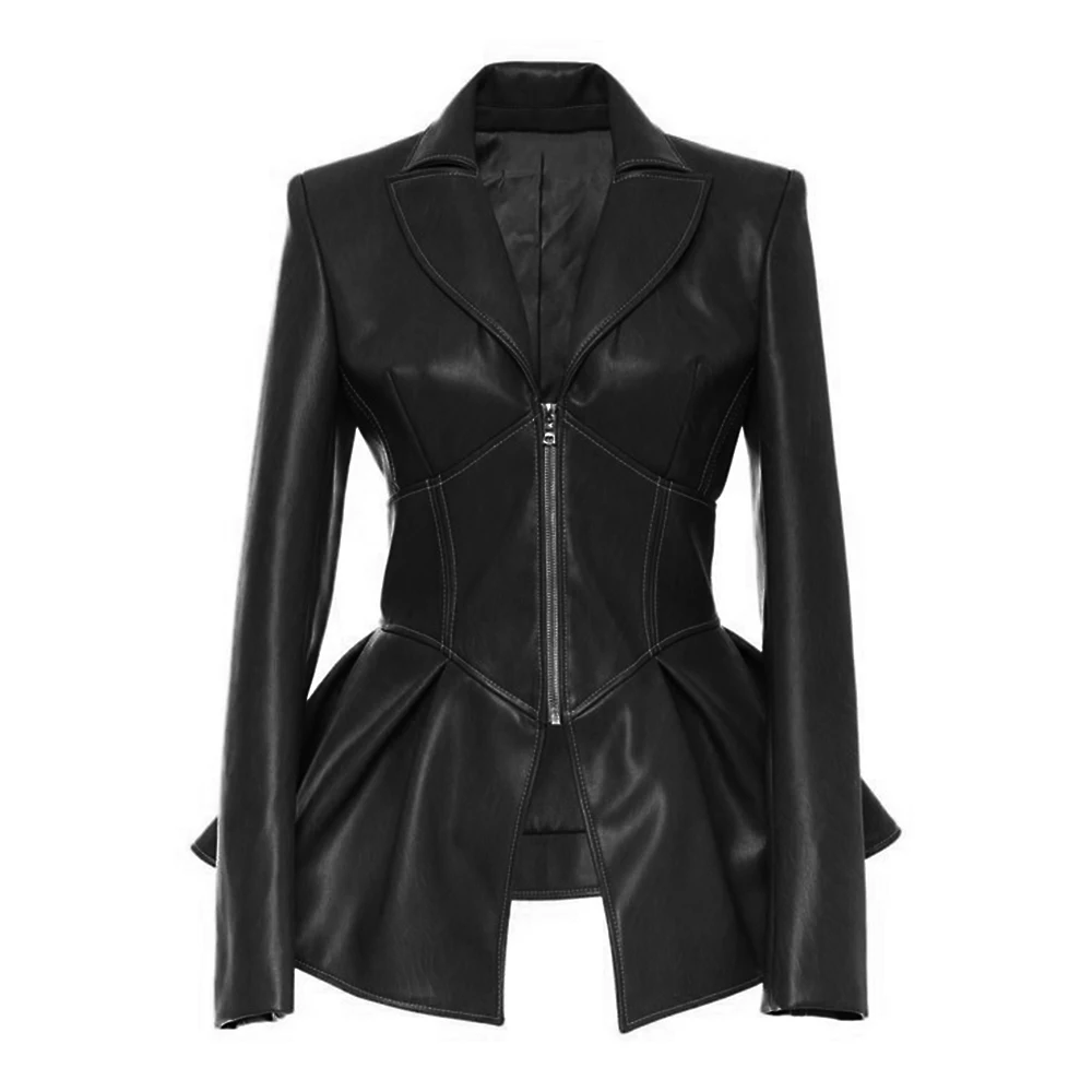 QUEENUS Faux Leather Women PU Jacket Coat Black Gothic Fashion Pleated V-neck 2021 Spring Female Plus Size