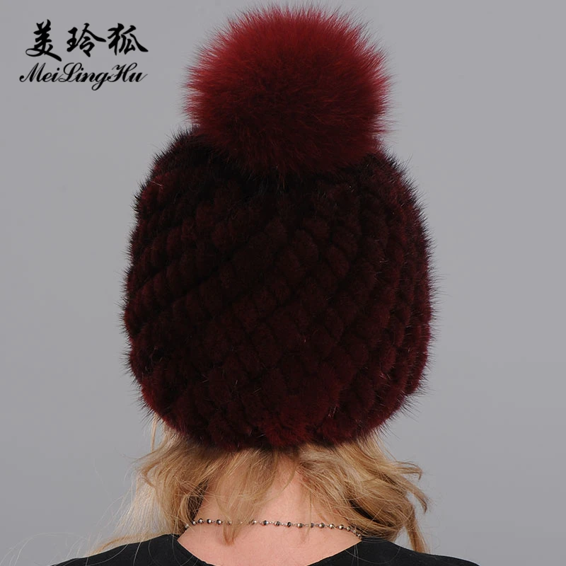 Real Mink and Fox Fur Hat Cap Top Pompoms Caps For Women New Thicken Female Winter Knitted Hats Beanies | Аксессуары для одежды