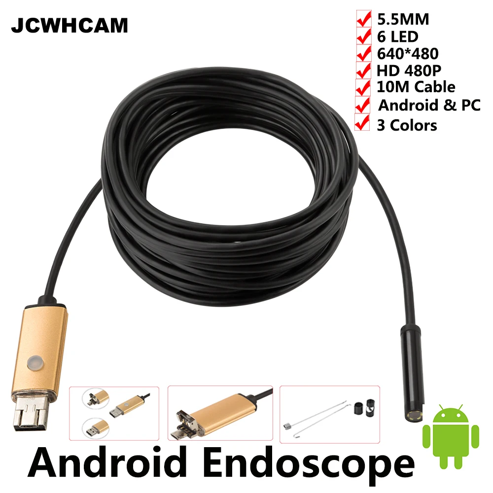 

Эндоскоп JCWHCAM, эндоскоп 5,5 мм, 10 м, HD, USB, Android, камера эндоскопа, IP67, Android, Бороскоп, USB, эндоскоп, Инспекционная камера