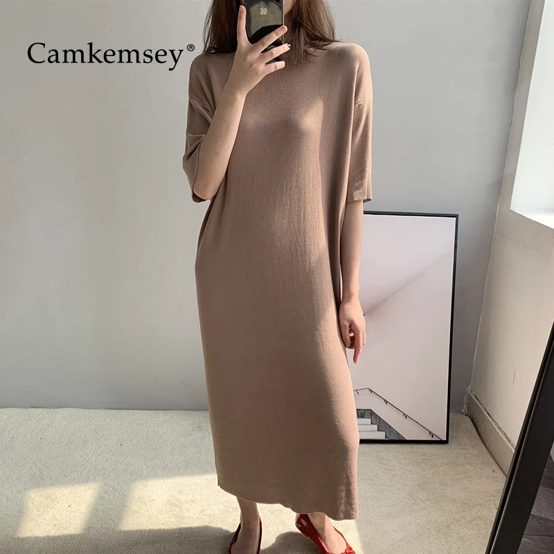 CamKemsey короткое однотонное трикотажное платье рубашки женские весна осень повседневные o-образным вырезом с коротким рукавом Свободные Длинные платья