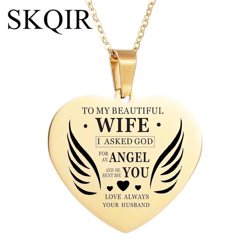 

SKQIR Heart Charms To My Beautiful Wife My Angel Stainless Steel Necklaces & Pendants for Women Chain Love You Always Necklace