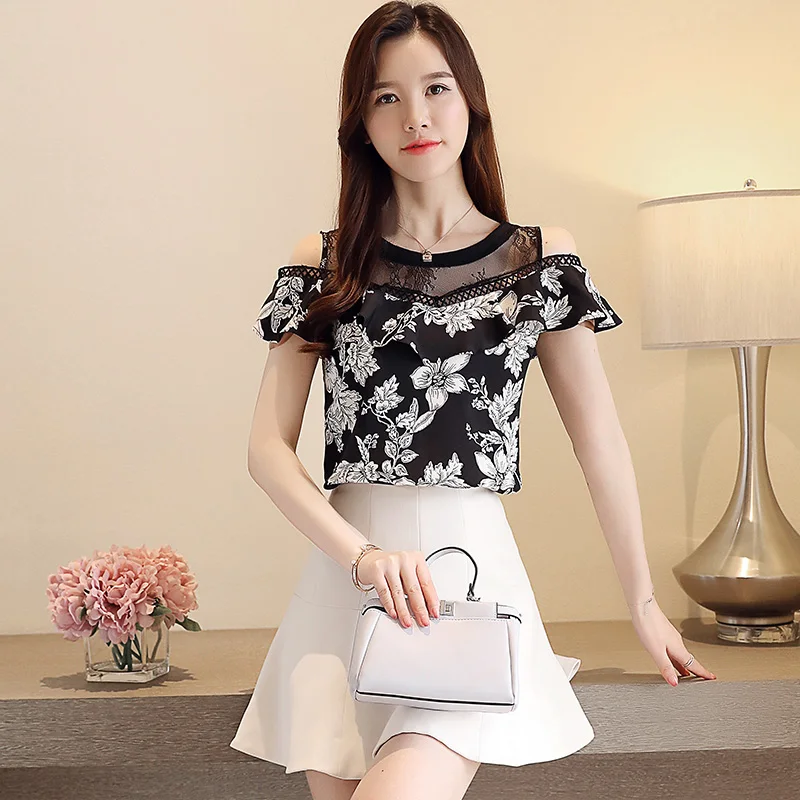 круглый Мода вырез горловины полые кружево печати шифоновая блузка женские