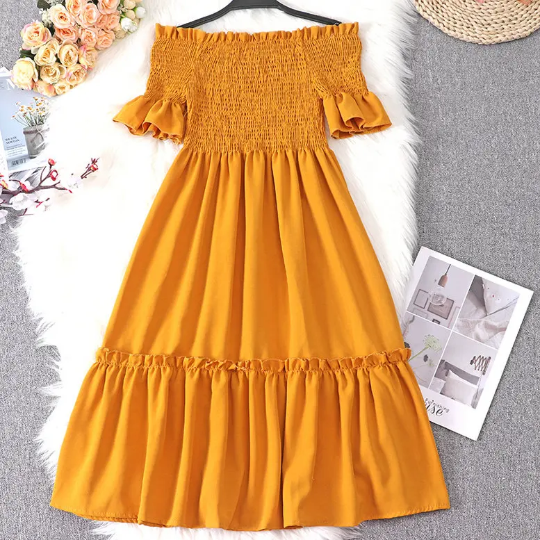Women Fashion Dress Женское шифоновое платье с коротким Расклешенным рукавом и вырезом лодочкой, повседневное ТРАПЕЦИЕВИДНОЕ ПЛАТЬЕ-пуловер с открытыми плечами, эластичное тонкое платье с высокой талией и оборками - Цвет: Women Fashion Dress