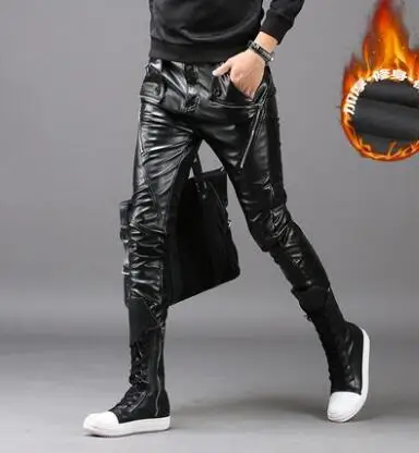 Black personality fashion tight motorcycle faux leather pants zipper mens feet pants pu trousers for men pantalon homme thicken