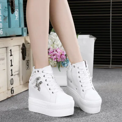 White Fashion Autumn High Heel Casual Shoes Canvas Women Shoes Lace-Up Breathable Women Sneakers Zipper Platform Ladies Shoes Women - Цвет: White