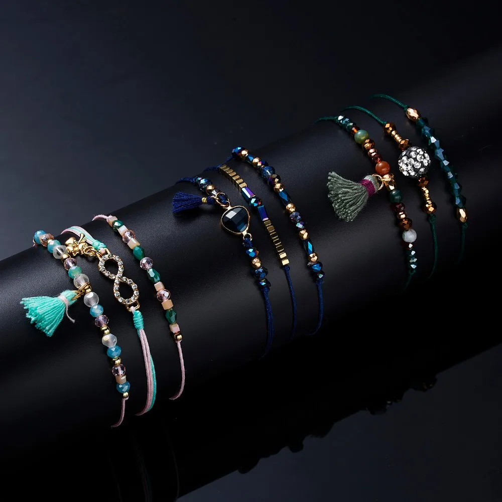 Rinhoo 3 шт./компл. Boho браслет наборы ювелирных украшений Треугольники, с вырезами, с украшением в виде кристаллов бусины Эластичный регулируемый браслет набор для Для женщин Винтаж ювелирные изделия